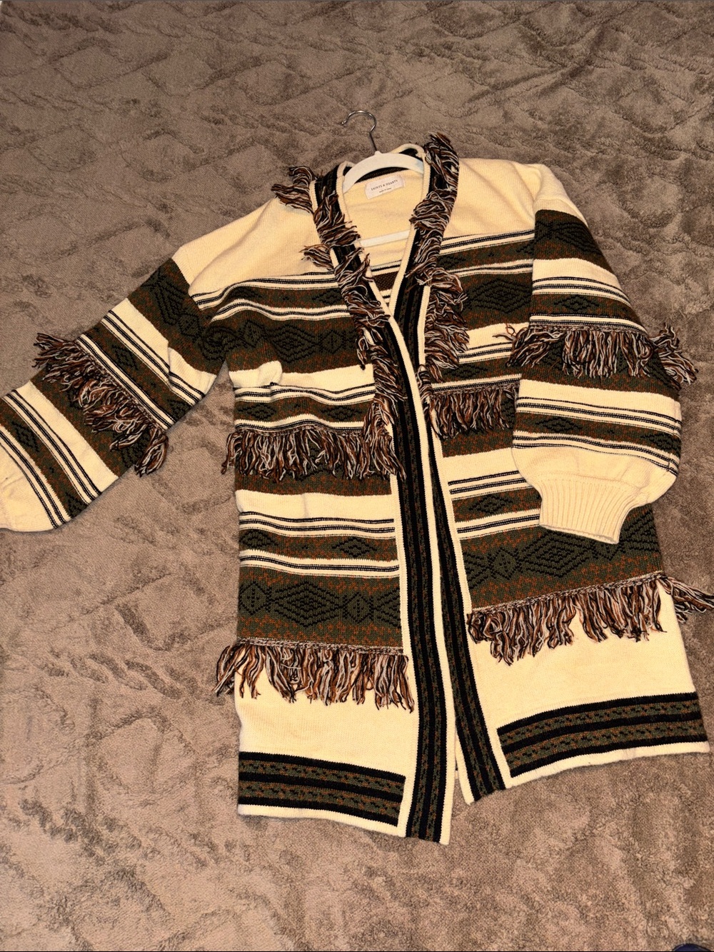 Striped Fringe Open-Front Cardigan Sweater in Cream, Olive & Brown